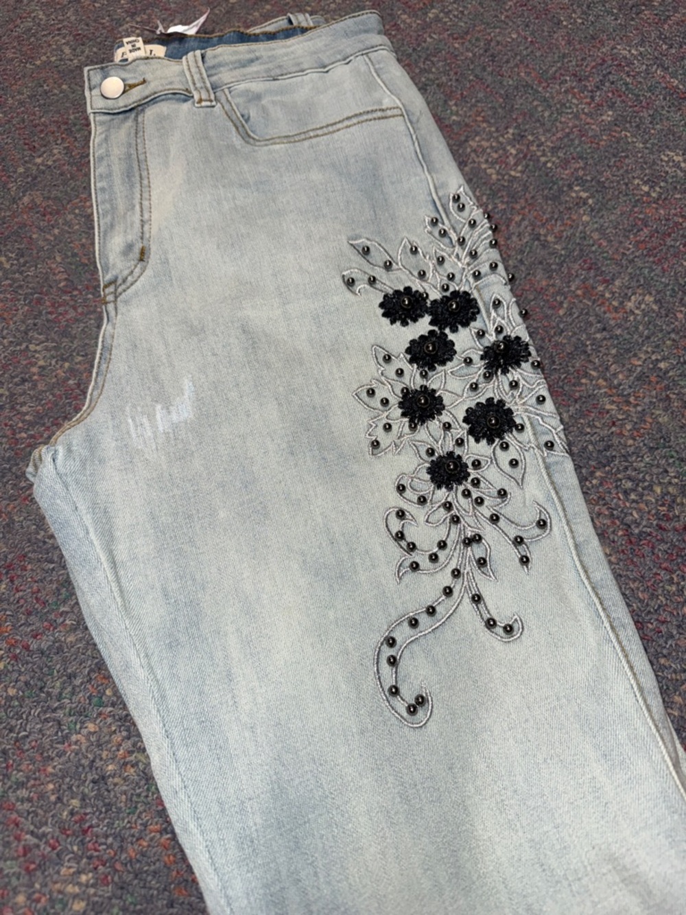 🌹The Indigo" Embroidered, Studded Floral Boot Cut Jeans - Picture 6 of 12